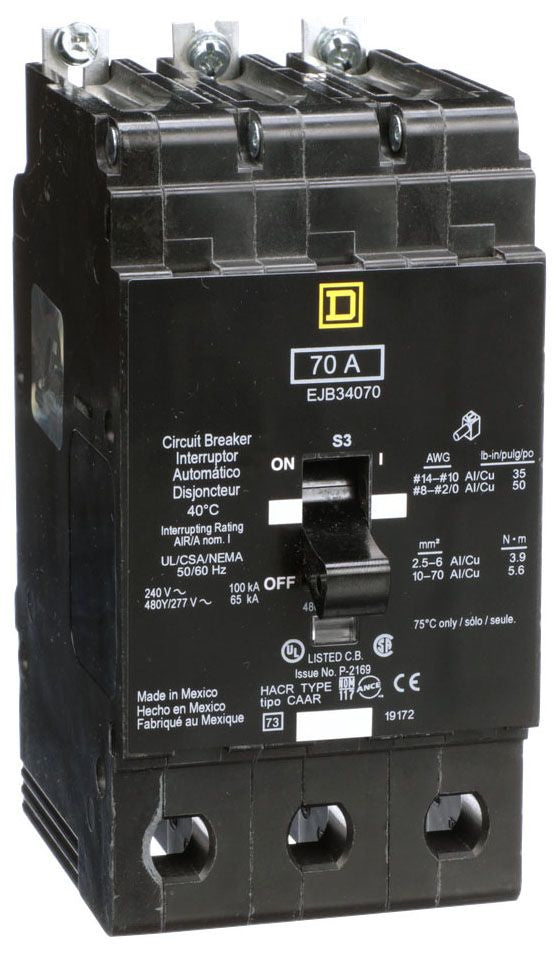 EJB34070 - Schneider Electric/ Square D Bolt-On 70 Amp 3 Pole Circuit Breaker - Essential Electric Supply