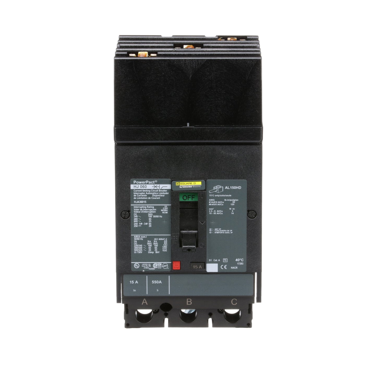 Square D HJA36015 Circuit Breaker | 600V 15A 3P 65kA@480V I-Line Style Plug-In Powerpact