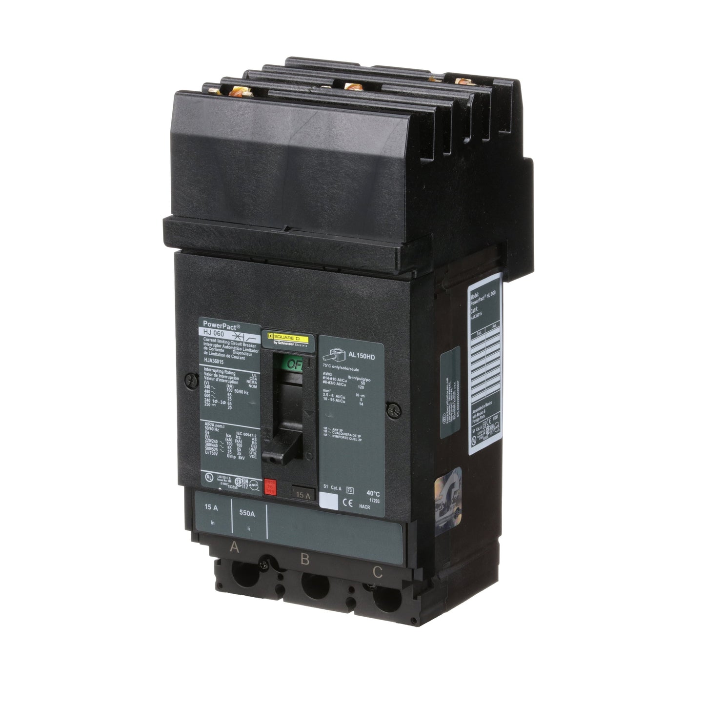 Square D HJA36015 Circuit Breaker | 600V 15A 3P 65kA@480V I-Line Style Plug-In Powerpact