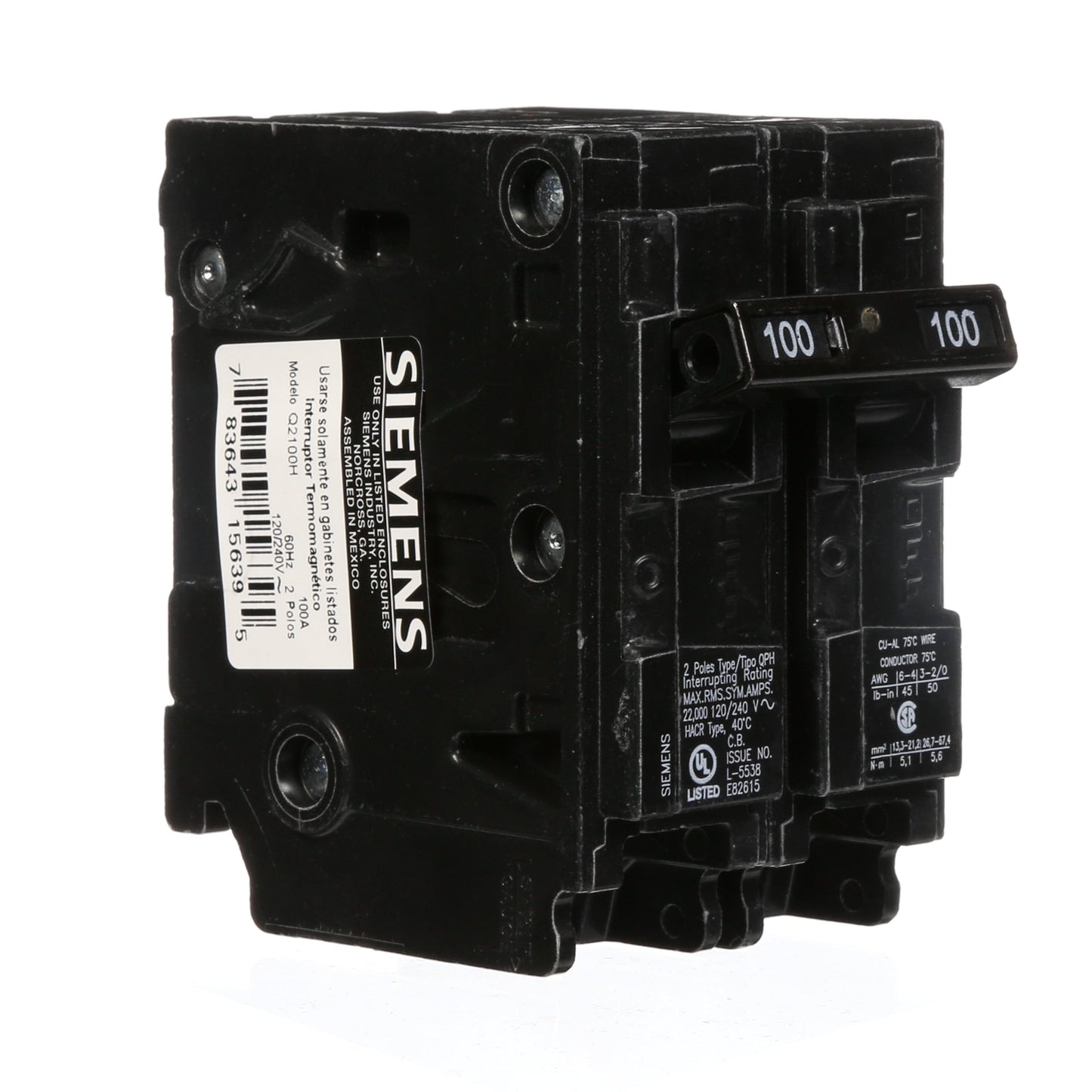 Siemens Q2100H Circuit Breaker | 240V 100A 2P 22kA@240V Plug-In Q Series