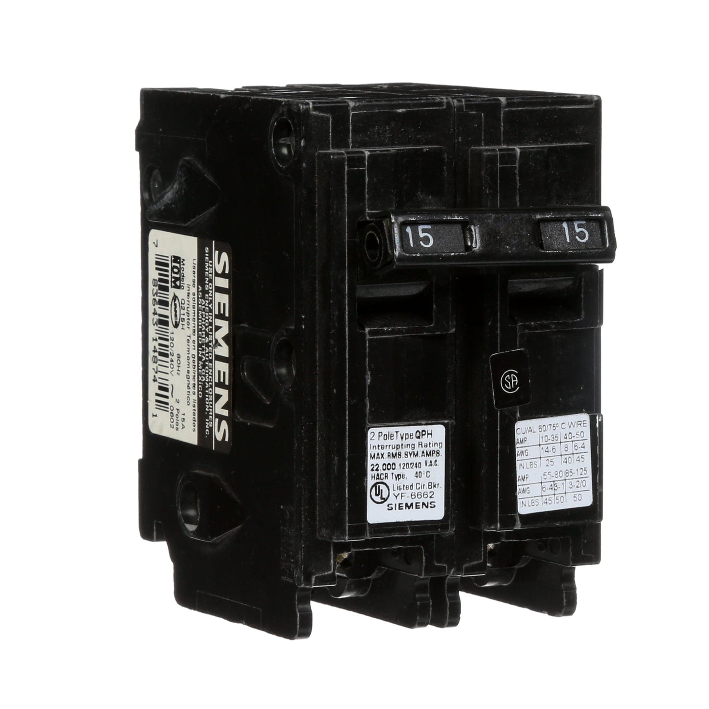 Siemens Q215 Circuit Breaker | 120/240 VAC 15A 2 Pole 10kA@240V Q Series